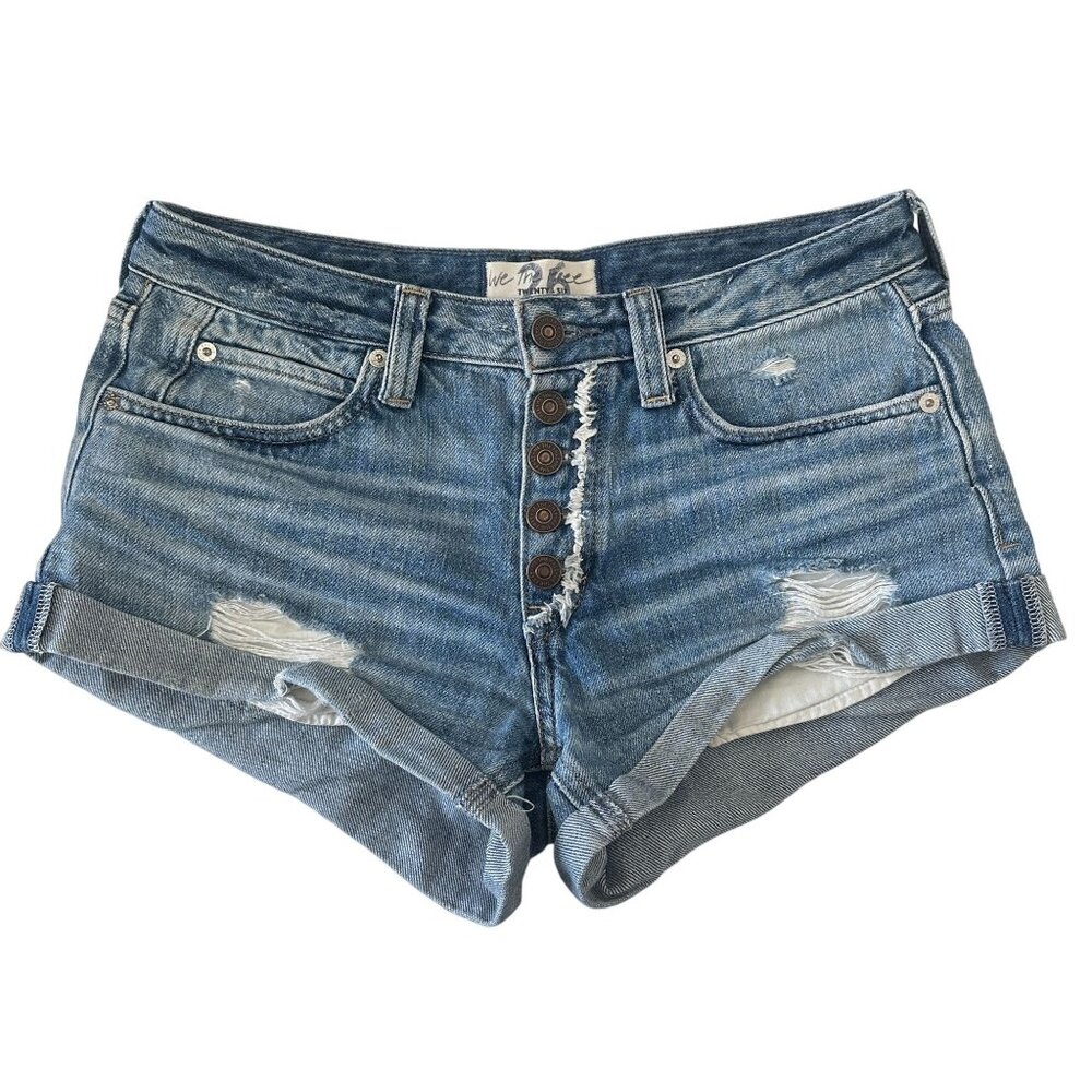We The Free Romeo Rolled Cut Off Denim Shorts Size 26 Distressed Blue Button Fly